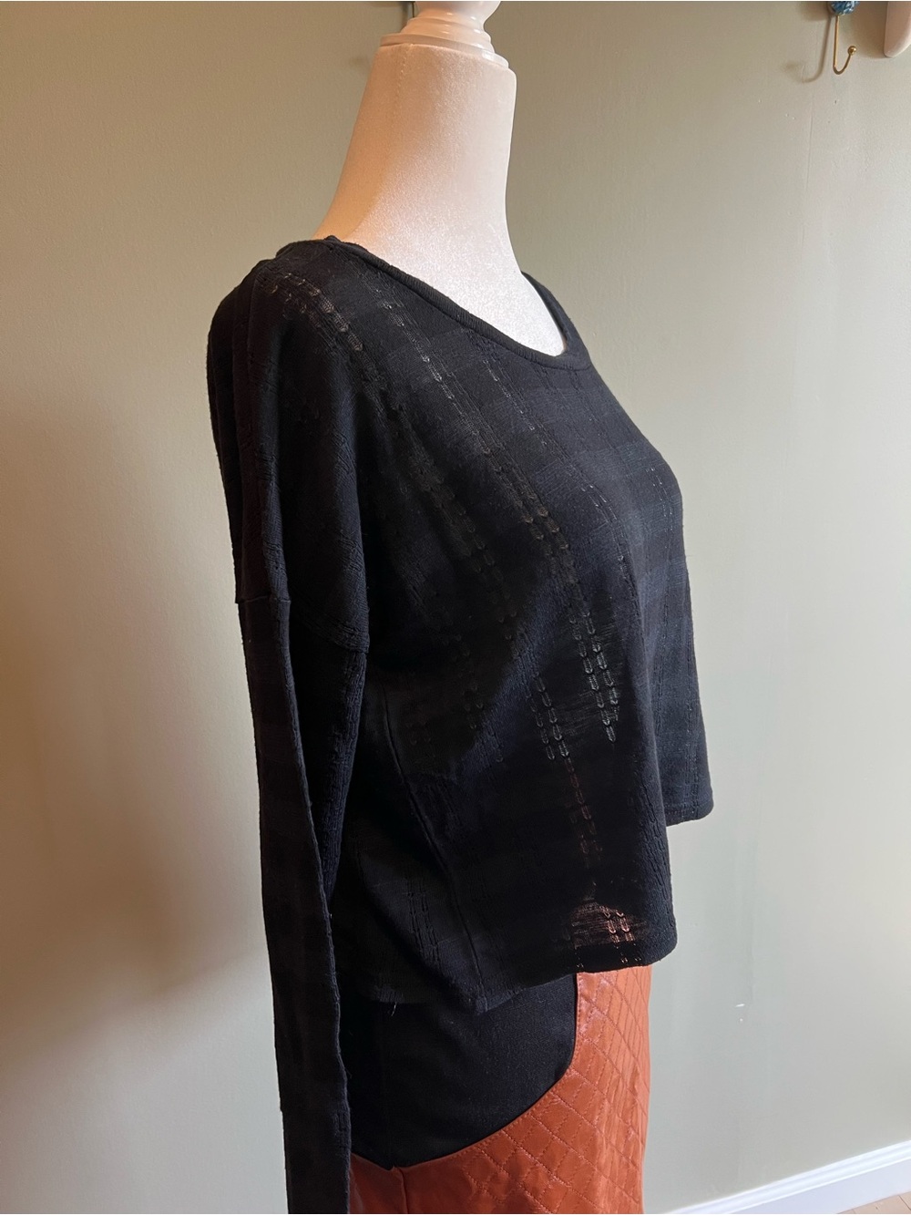 Maude 2 Piece Black Knit Sheer Knit Top | Cognac Quilted Faux Leather Skirt Set